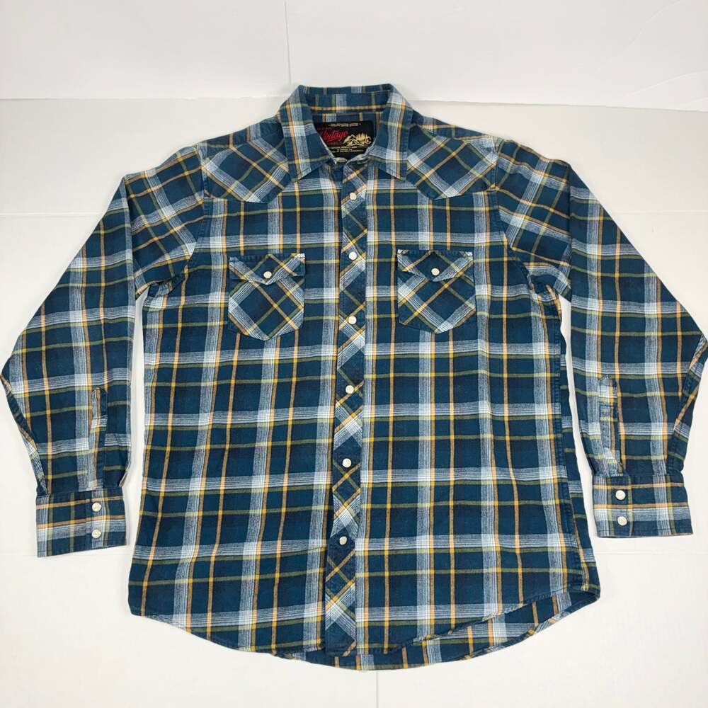 Old Navy Vintage Flannels Men Blue Plaid Western Pearl Snap Long Sleeve L